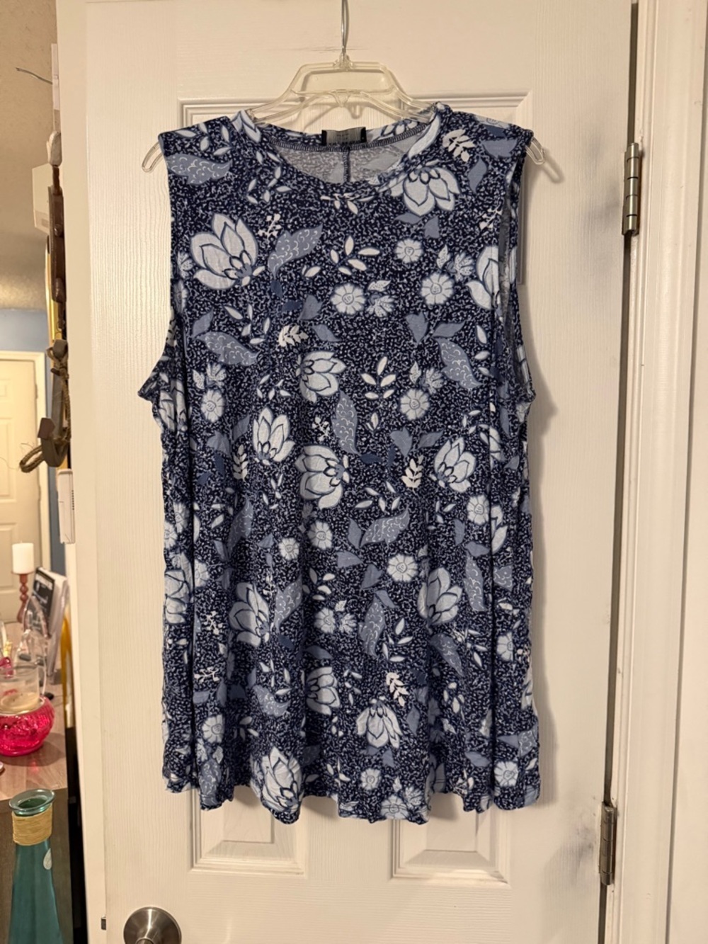 Lane Bryant Navy and White Floral Sleeveless Tank